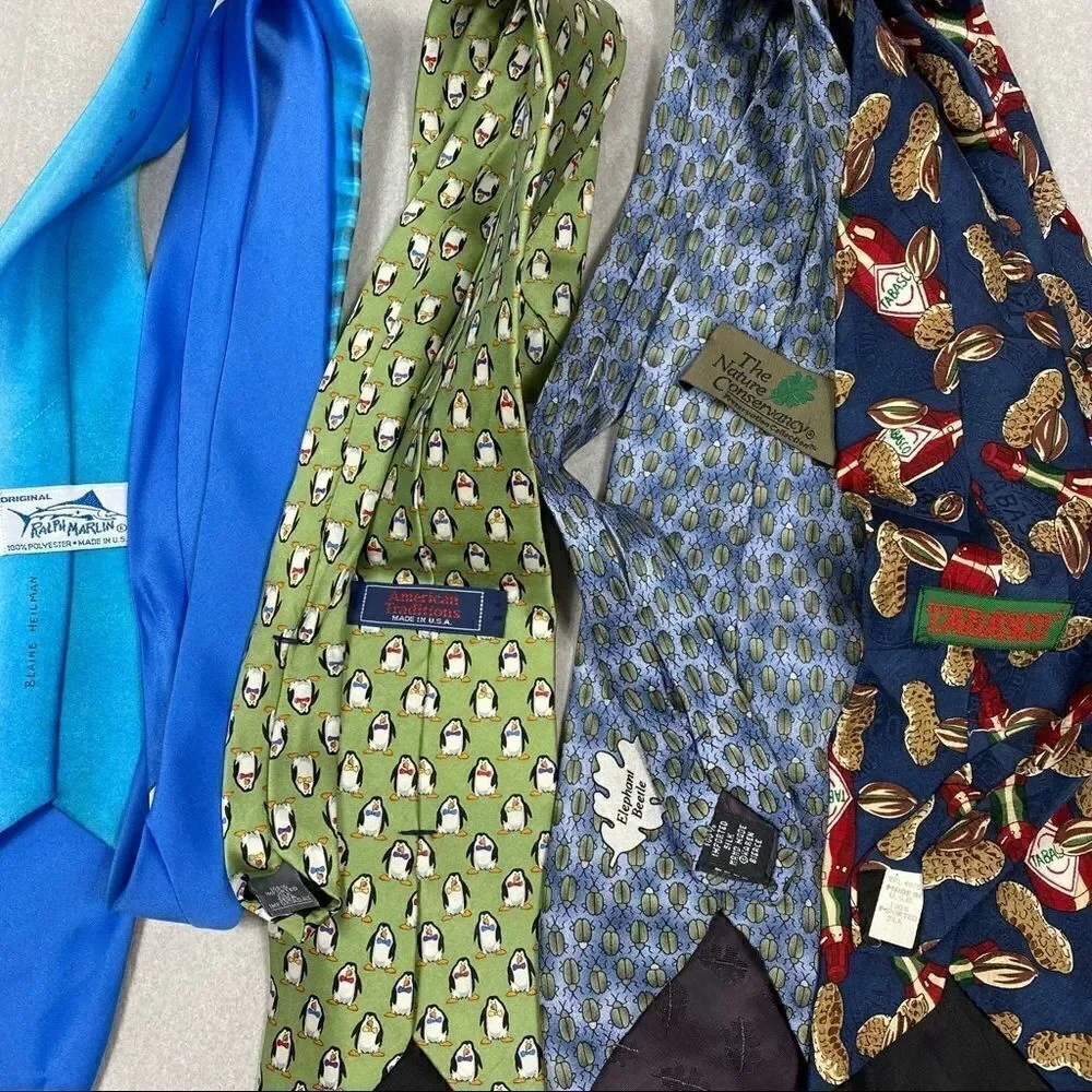 Set of Novelty Ties Tabasco Fish Beetles Penguins